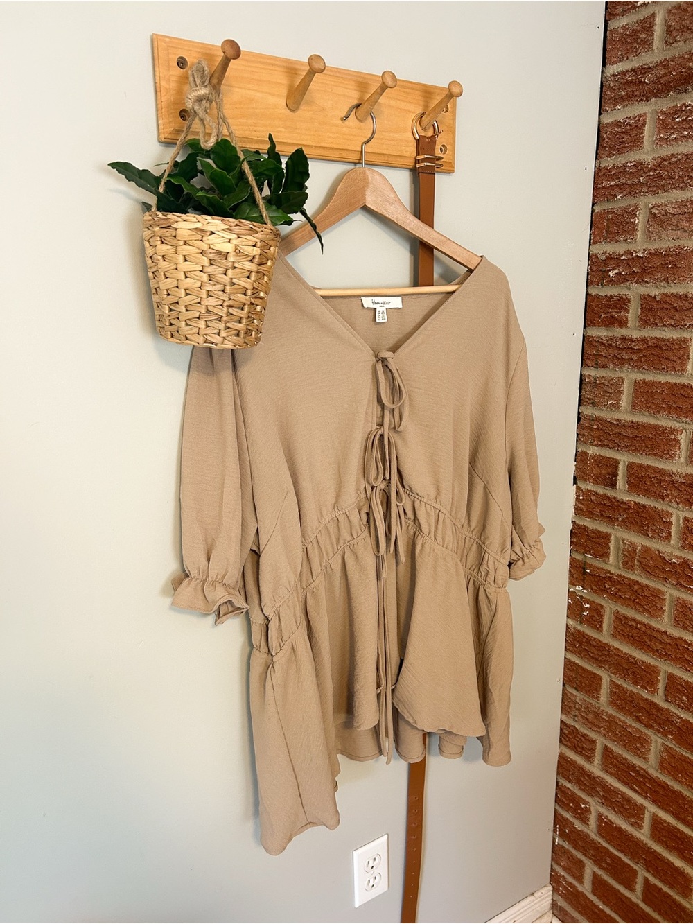 Taupe Tie-Front Peasant Blouse
